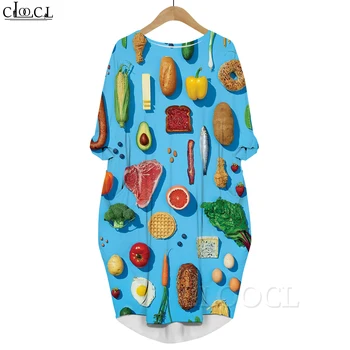Голубое платье CLOOCL Harajuku С 3D-принтом, питательные продукты, свободные повседневные платья с длинным рукавом и карманом, модное женское платье