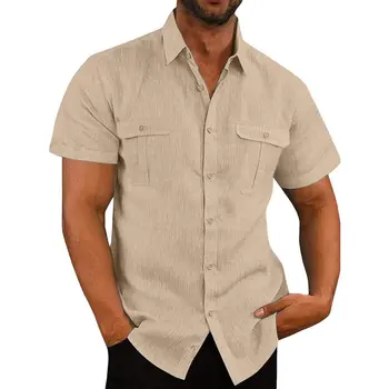 Мужские хлопчатобумажные льняные рубашки с коротким рукавом с двойным карманом, мужские-s-top, хаки