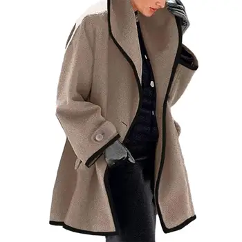 Повседневная куртка Стильная женская контрастная куртка с лацканами, Теплое пальто средней длины с карманами на Осень-Зиму, Уличная одежда на Зиму