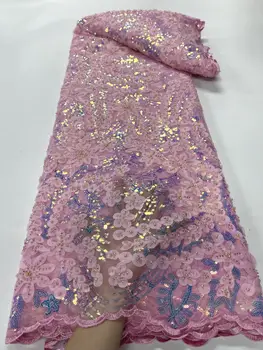 Розовая Кружевная Ткань Нигерийская Ткань с Жемчугом 3D Кружевная Вышивка Тюль Чистая Ткань для Свадебного Платья Африканские Бусины Ткань